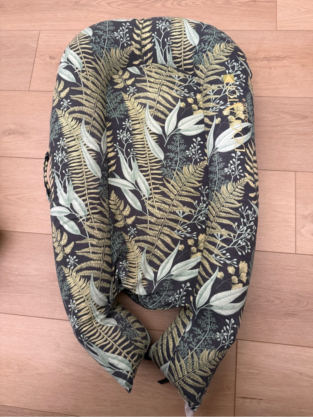 Botanical Fern Nursing Pillow - Dark Navy with Green & Gold Leaf Print